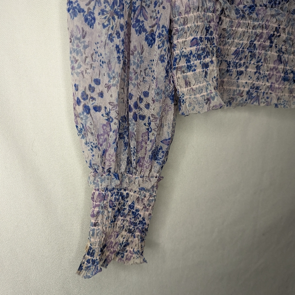 Free People Twyla Floral Lilac Long Sleeve Shirt Size Large Boho Cuffed Tie - Picture 7 of 12
